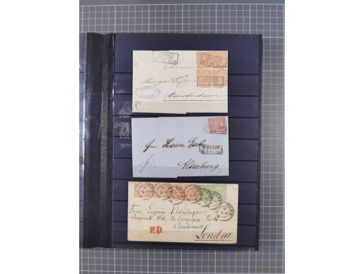 1868/71, interessante Partie im Steckbuch, dabei diverse Belege mit auch Farbfrankaturen, Paketbegleitbriefen, Auslandspost, 