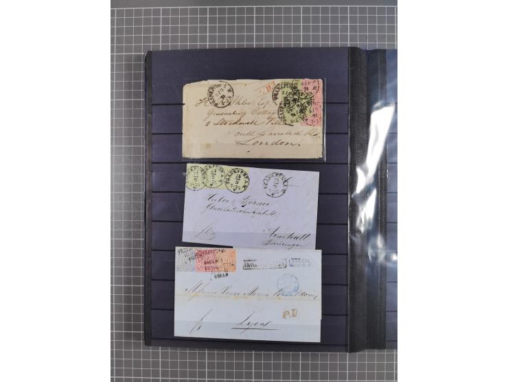 1868/71, interessante Partie im Steckbuch, dabei diverse Belege mit auch Farbfrankaturen, Paketbegleitbriefen, Auslandspost, 