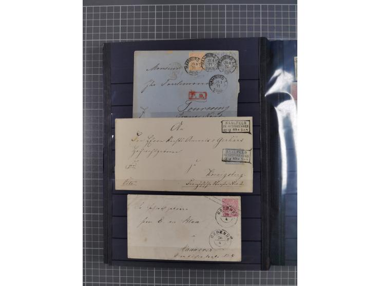 1868/71, interessante Partie im Steckbuch, dabei diverse Belege mit auch Farbfrankaturen, Paketbegleitbriefen, Auslandspost, 