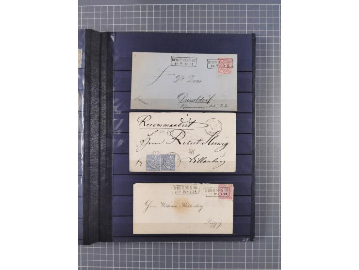 1868/71, interessante Partie im Steckbuch, dabei diverse Belege mit auch Farbfrankaturen, Paketbegleitbriefen, Auslandspost, 