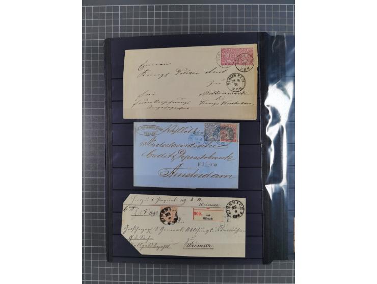 1868/71, interessante Partie im Steckbuch, dabei diverse Belege mit auch Farbfrankaturen, Paketbegleitbriefen, Auslandspost, 