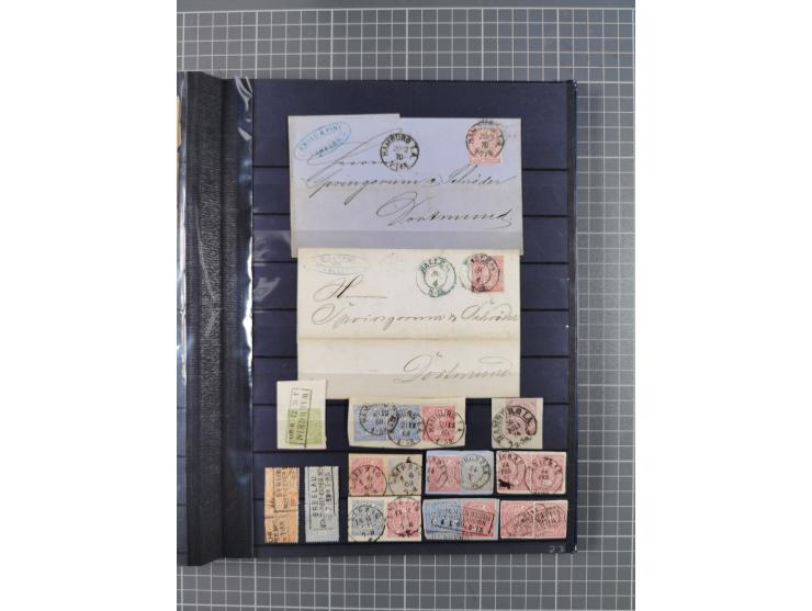 1868/71, interessante Partie im Steckbuch, dabei diverse Belege mit auch Farbfrankaturen, Paketbegleitbriefen, Auslandspost, 
