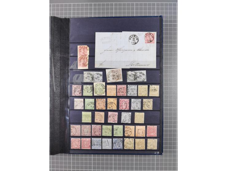 1868/71, interessante Partie im Steckbuch, dabei diverse Belege mit auch Farbfrankaturen, Paketbegleitbriefen, Auslandspost, 