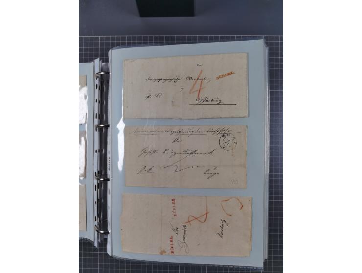 1820/60 (ca.), über 600 Vorphila- und Dienstbriefe, dabei rote und blaue Stempel, viele verschiedene Orte