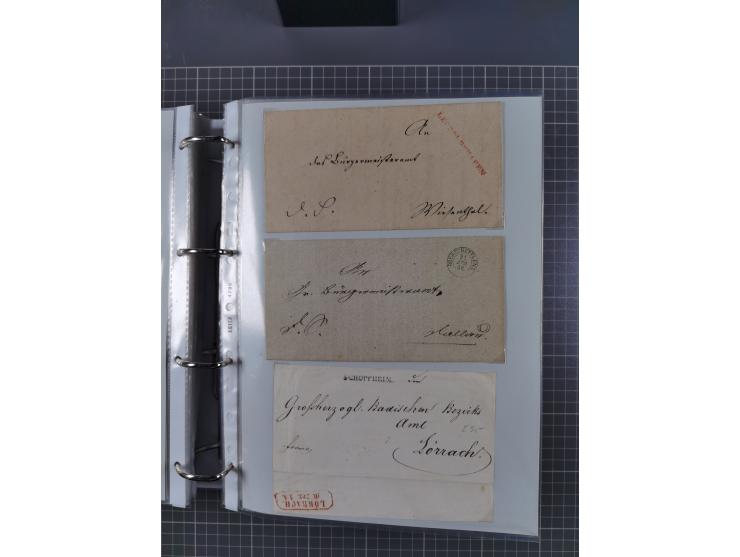 1820/60 (ca.), über 600 Vorphila- und Dienstbriefe, dabei rote und blaue Stempel, viele verschiedene Orte