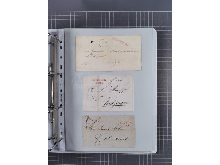 1820/60 (ca.), über 600 Vorphila- und Dienstbriefe, dabei rote und blaue Stempel, viele verschiedene Orte
