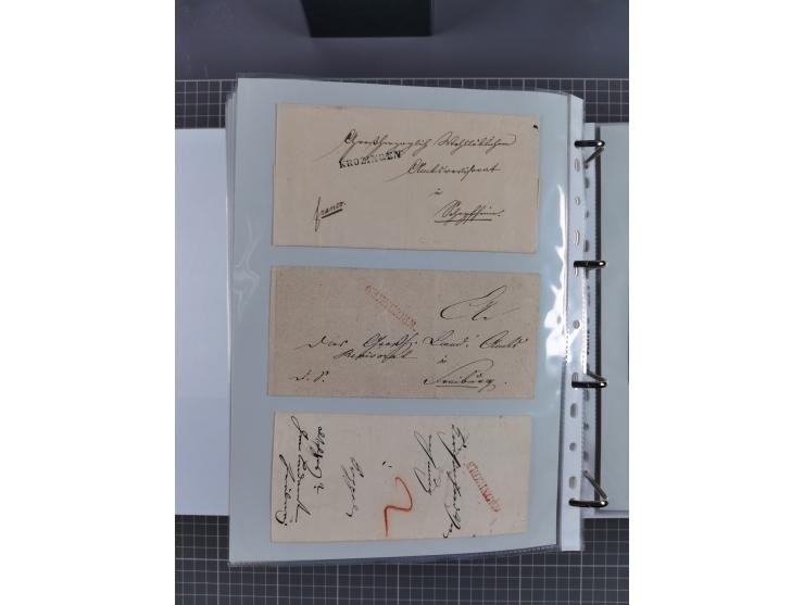1820/60 (ca.), über 600 Vorphila- und Dienstbriefe, dabei rote und blaue Stempel, viele verschiedene Orte