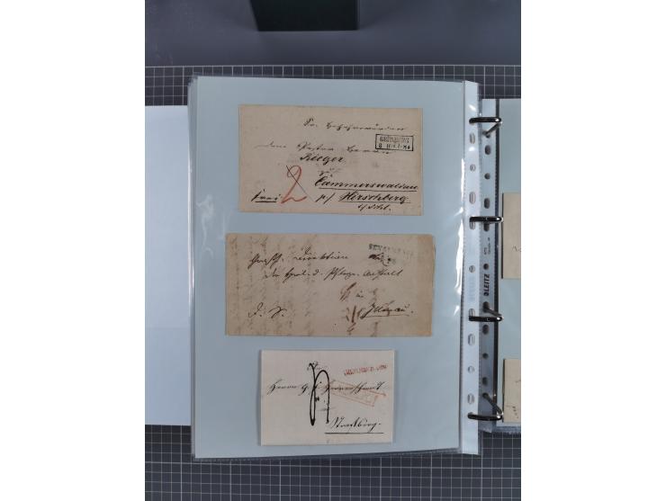1820/60 (ca.), über 600 Vorphila- und Dienstbriefe, dabei rote und blaue Stempel, viele verschiedene Orte