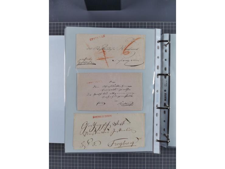 1820/60 (ca.), über 600 Vorphila- und Dienstbriefe, dabei rote und blaue Stempel, viele verschiedene Orte