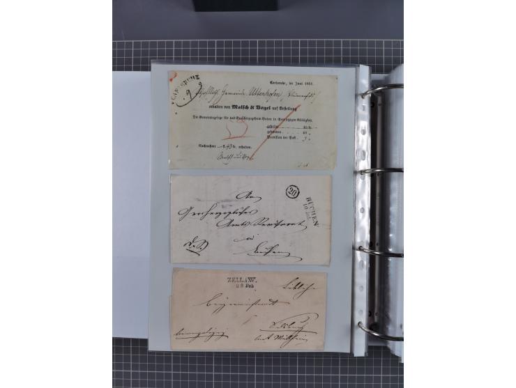 1820/60 (ca.), über 600 Vorphila- und Dienstbriefe, dabei rote und blaue Stempel, viele verschiedene Orte