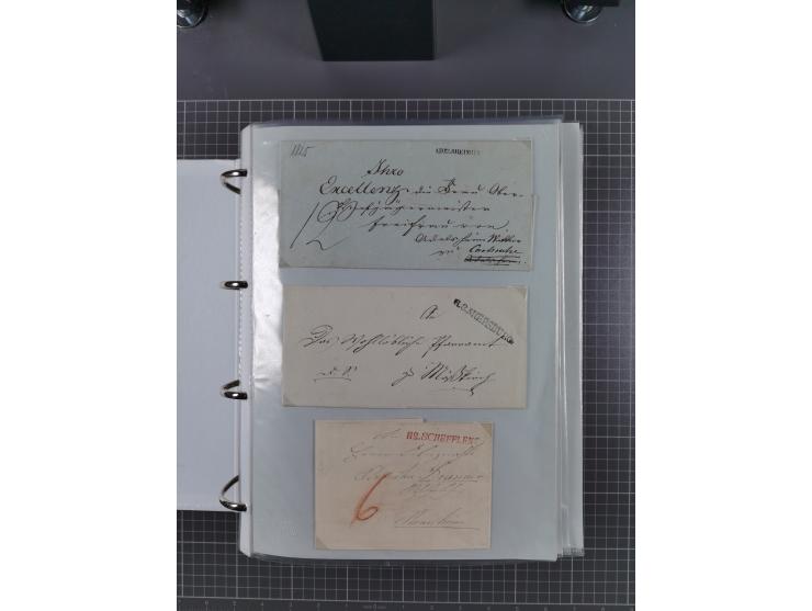 1820/60 (ca.), über 600 Vorphila- und Dienstbriefe, dabei rote und blaue Stempel, viele verschiedene Orte