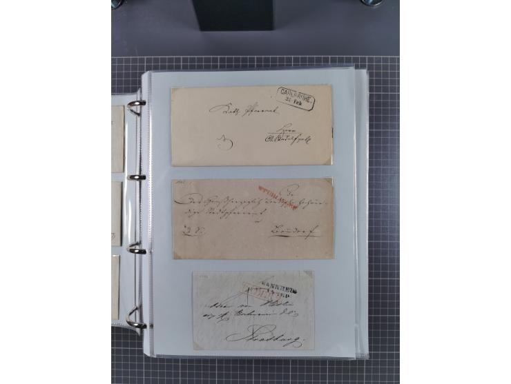 1820/60 (ca.), über 600 Vorphila- und Dienstbriefe, dabei rote und blaue Stempel, viele verschiedene Orte