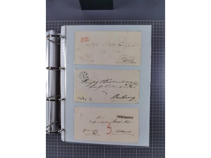 1820/60 (ca.), über 600 Vorphila- und Dienstbriefe, dabei rote und blaue Stempel, viele verschiedene Orte