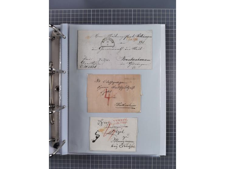 1820/60 (ca.), über 600 Vorphila- und Dienstbriefe, dabei rote und blaue Stempel, viele verschiedene Orte