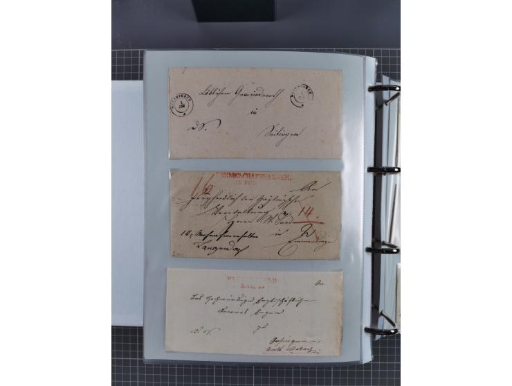 1820/60 (ca.), über 600 Vorphila- und Dienstbriefe, dabei rote und blaue Stempel, viele verschiedene Orte