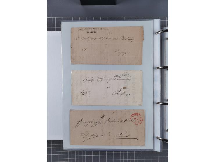 1820/60 (ca.), über 600 Vorphila- und Dienstbriefe, dabei rote und blaue Stempel, viele verschiedene Orte