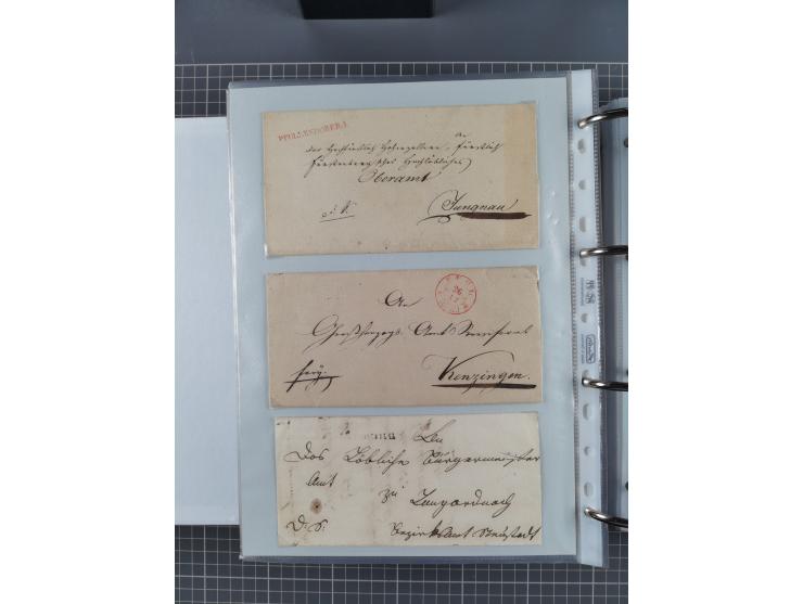 1820/60 (ca.), über 600 Vorphila- und Dienstbriefe, dabei rote und blaue Stempel, viele verschiedene Orte
