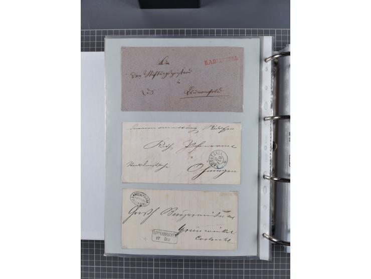 1820/60 (ca.), über 600 Vorphila- und Dienstbriefe, dabei rote und blaue Stempel, viele verschiedene Orte