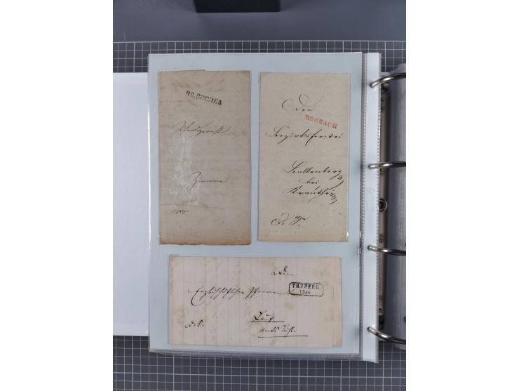 1820/60 (ca.), über 600 Vorphila- und Dienstbriefe, dabei rote und blaue Stempel, viele verschiedene Orte