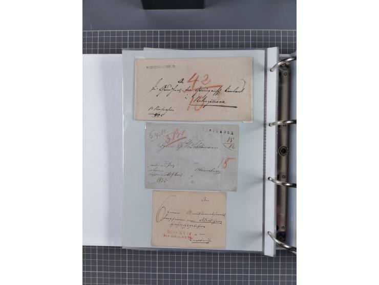 1820/60 (ca.), über 600 Vorphila- und Dienstbriefe, dabei rote und blaue Stempel, viele verschiedene Orte
