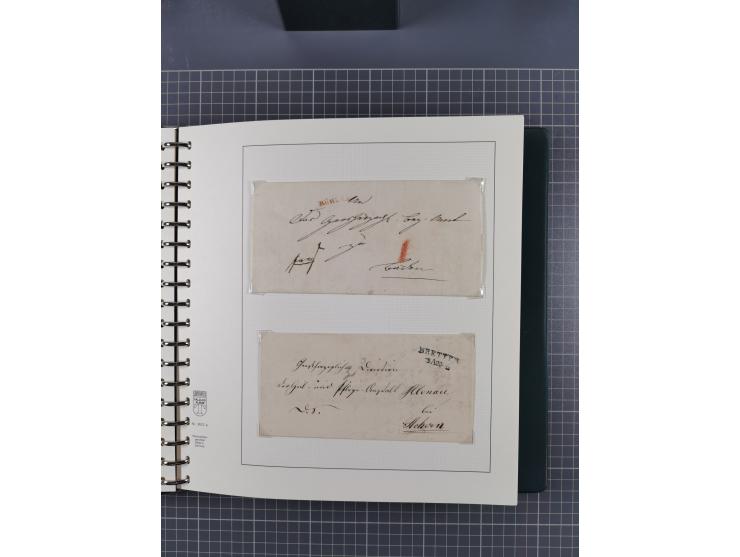 1820/60 (ca.), über 600 Vorphila- und Dienstbriefe, dabei rote und blaue Stempel, viele verschiedene Orte