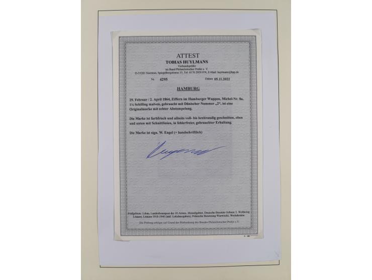 1859/67, meist gestempelte Sammlung, dabei u.a. Mi.-Nr. 3, 8a mit dänischer Nr. “2”, drei Briefe/Ganzsachen, dazu Stempelteil