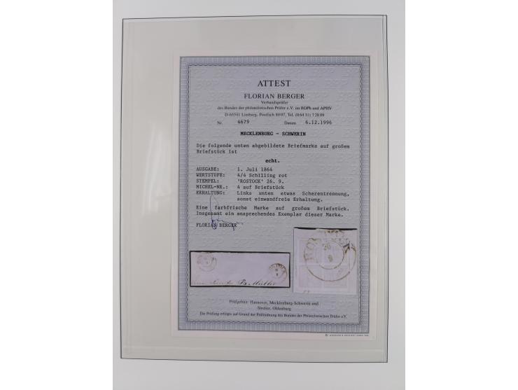 1856/67, gestempelte Sammlung mit 2 Briefen, dabei Schwerin Mi.4 (Attest Berger BPP), 6b (Befund Berger BPP) und Strelitz 1a,