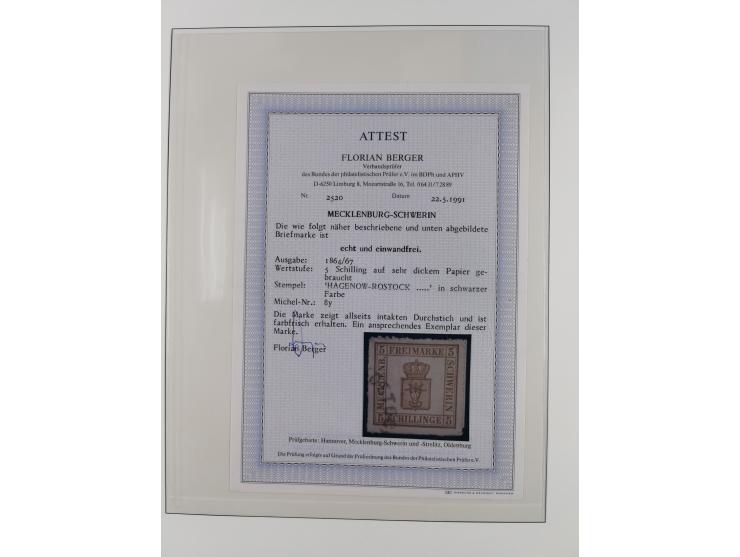 1856/67, gestempelte Sammlung mit 2 Briefen, dabei Schwerin Mi.4 (Attest Berger BPP), 6b (Befund Berger BPP) und Strelitz 1a,