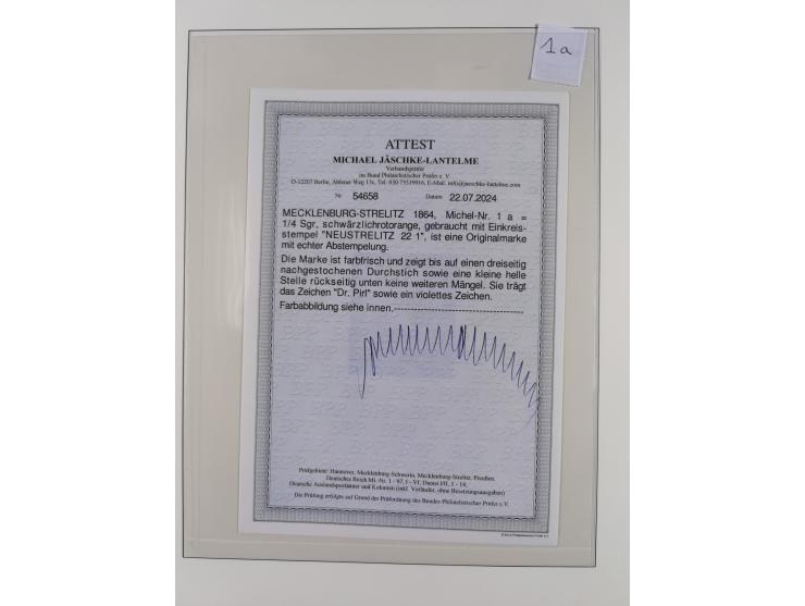 1856/67, gestempelte Sammlung mit 2 Briefen, dabei Schwerin Mi.4 (Attest Berger BPP), 6b (Befund Berger BPP) und Strelitz 1a,