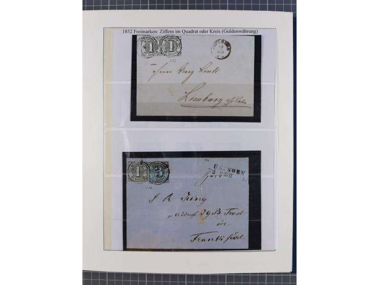 1852/66, gestempelte Sammlung und 48 Briefe und Ganzsachen, dabei viele Ausgaben mehrfach mit Nuancen, auch besseren Stempeln