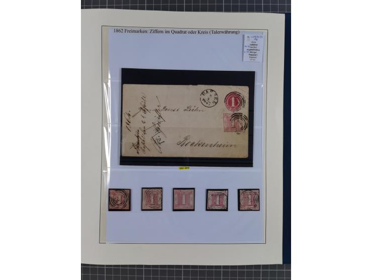 1852/66, gestempelte Sammlung und 48 Briefe und Ganzsachen, dabei viele Ausgaben mehrfach mit Nuancen, auch besseren Stempeln