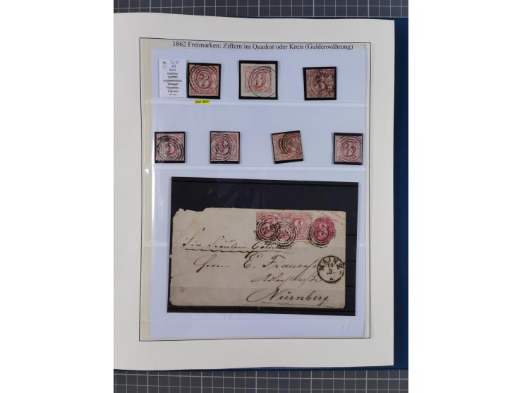 1852/66, gestempelte Sammlung und 48 Briefe und Ganzsachen, dabei viele Ausgaben mehrfach mit Nuancen, auch besseren Stempeln