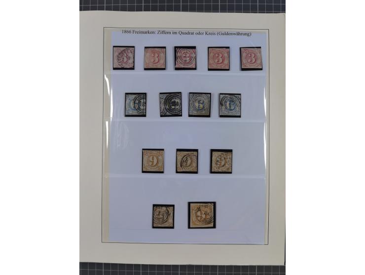 1852/66, gestempelte Sammlung und 48 Briefe und Ganzsachen, dabei viele Ausgaben mehrfach mit Nuancen, auch besseren Stempeln