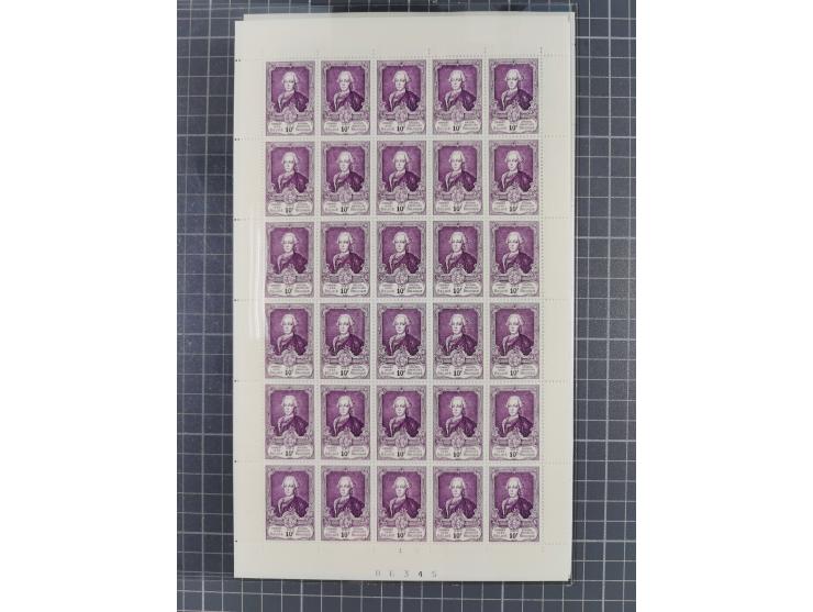 1952, UPU 80c.-40Fr. cpl. printing sheets with 30 stamps, each mint never hinged and very fine, only very few complete sheets
