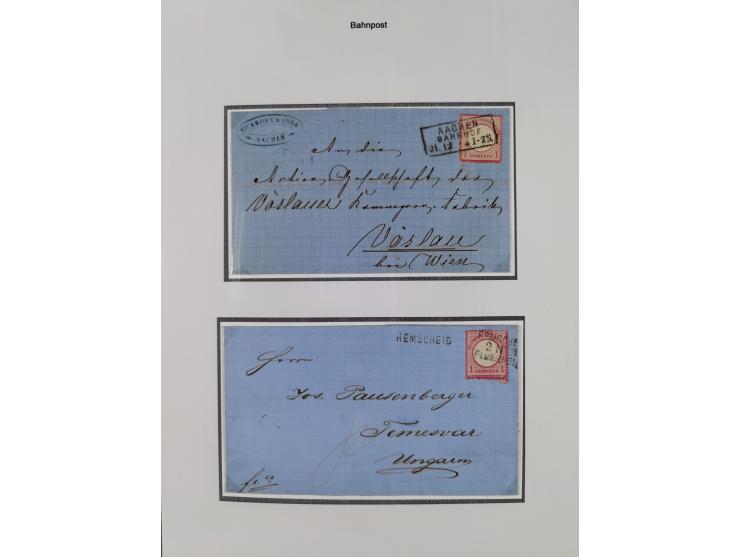 1872/74, kleine Sammlung von Bahnpost- und Bahnhofsstempel-Stempeln auf ca. 40 Briefen, Karten und Ganzsachen. Dabei interess