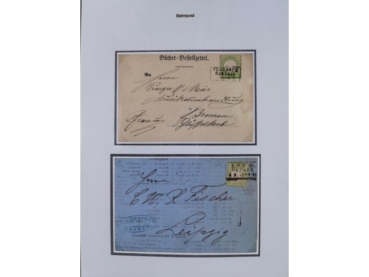 1872/74, kleine Sammlung von Bahnpost- und Bahnhofsstempel-Stempeln auf ca. 40 Briefen, Karten und Ganzsachen. Dabei interess