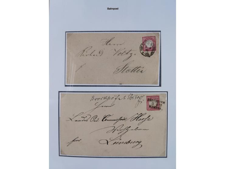1872/74, kleine Sammlung von Bahnpost- und Bahnhofsstempel-Stempeln auf ca. 40 Briefen, Karten und Ganzsachen. Dabei interess