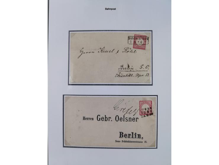 1872/74, kleine Sammlung von Bahnpost- und Bahnhofsstempel-Stempeln auf ca. 40 Briefen, Karten und Ganzsachen. Dabei interess
