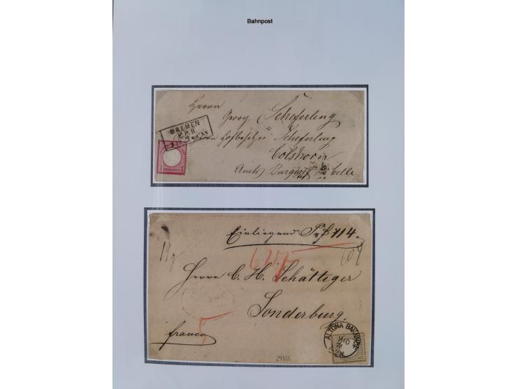 1872/74, kleine Sammlung von Bahnpost- und Bahnhofsstempel-Stempeln auf ca. 40 Briefen, Karten und Ganzsachen. Dabei interess