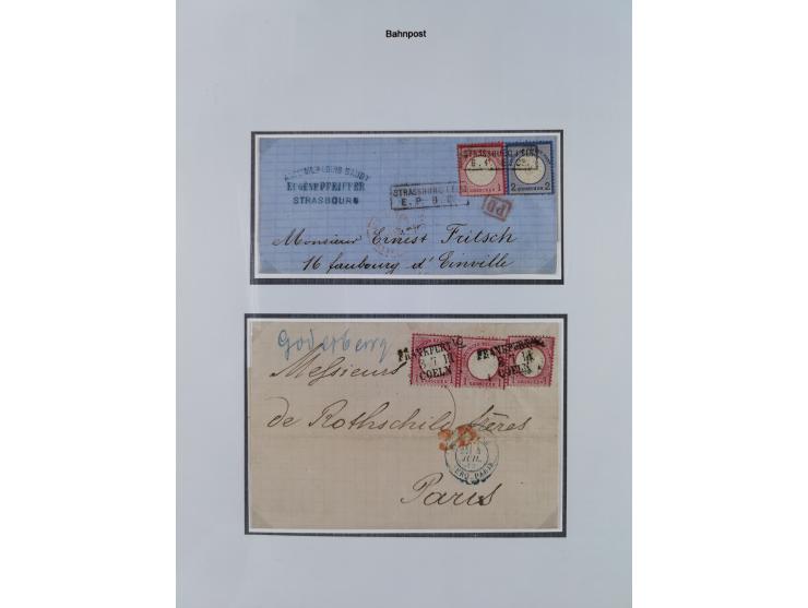 1872/74, kleine Sammlung von Bahnpost- und Bahnhofsstempel-Stempeln auf ca. 40 Briefen, Karten und Ganzsachen. Dabei interess