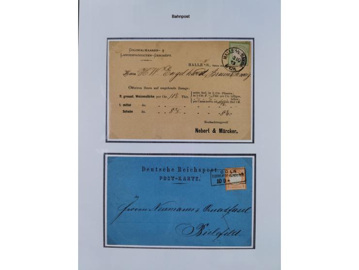 1872/74, kleine Sammlung von Bahnpost- und Bahnhofsstempel-Stempeln auf ca. 40 Briefen, Karten und Ganzsachen. Dabei interess