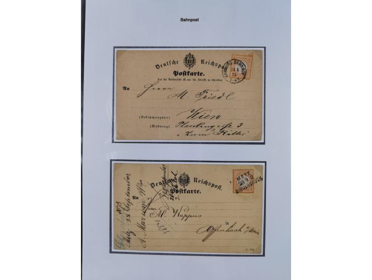 1872/74, kleine Sammlung von Bahnpost- und Bahnhofsstempel-Stempeln auf ca. 40 Briefen, Karten und Ganzsachen. Dabei interess