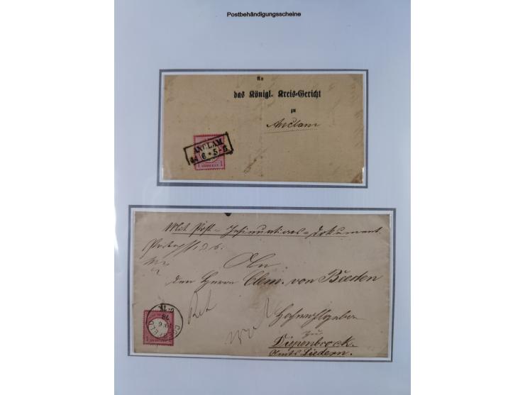 1872/74, Sammlung mit 22 frankierten “Postbehändigungsscheinen” in den Tarifen ½ Gr., 1 Gr., 1½ Gr. und 2 Gr. Dabei verschied