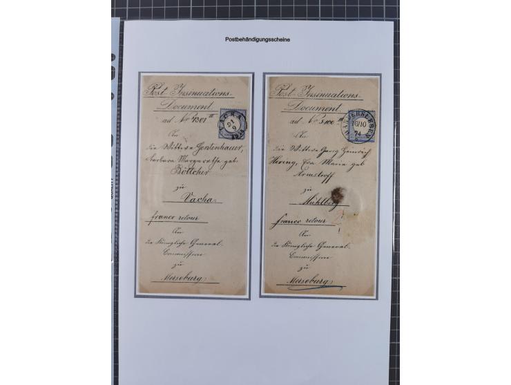 1872/74, Sammlung mit 22 frankierten “Postbehändigungsscheinen” in den Tarifen ½ Gr., 1 Gr., 1½ Gr. und 2 Gr. Dabei verschied