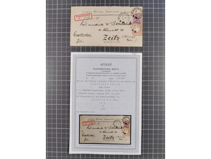 1875, Partie “Mischfrankaturen Brustschild-Pfennige” mit 10 Briefen und vier Briefstücken mit u.a. Mi.-Nr. 22 im Paar + 2x Mi