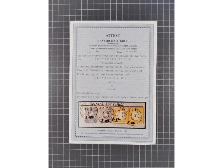 1875, Partie “Mischfrankaturen Brustschild-Pfennige” mit 10 Briefen und vier Briefstücken mit u.a. Mi.-Nr. 22 im Paar + 2x Mi
