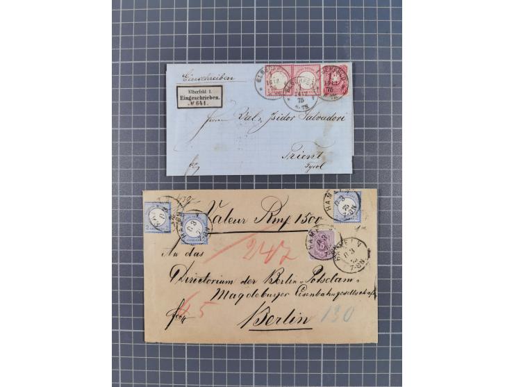 1875, Partie “Mischfrankaturen Brustschild-Pfennige” mit 10 Briefen und vier Briefstücken mit u.a. Mi.-Nr. 22 im Paar + 2x Mi