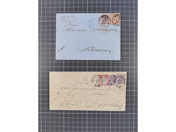 1875, Partie “Mischfrankaturen Brustschild-Pfennige” mit 10 Briefen und vier Briefstücken mit u.a. Mi.-Nr. 22 im Paar + 2x Mi