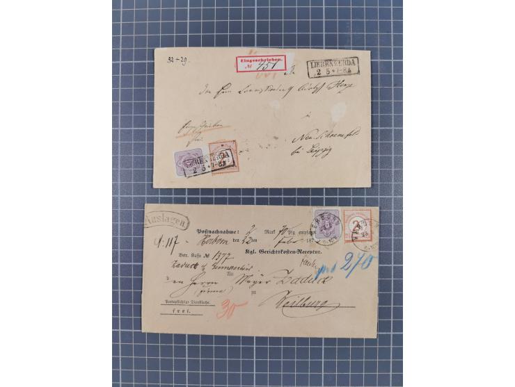 1875, Partie “Mischfrankaturen Brustschild-Pfennige” mit 10 Briefen und vier Briefstücken mit u.a. Mi.-Nr. 22 im Paar + 2x Mi