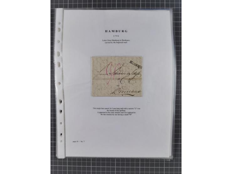 1785/1843 (ca.), kleine Partie mit 12 Vorphila-Briefe, dabei “128 HAMBURG” (x2), “T.T. HAMBURG 13 Dec.43.”, etc., meist in se